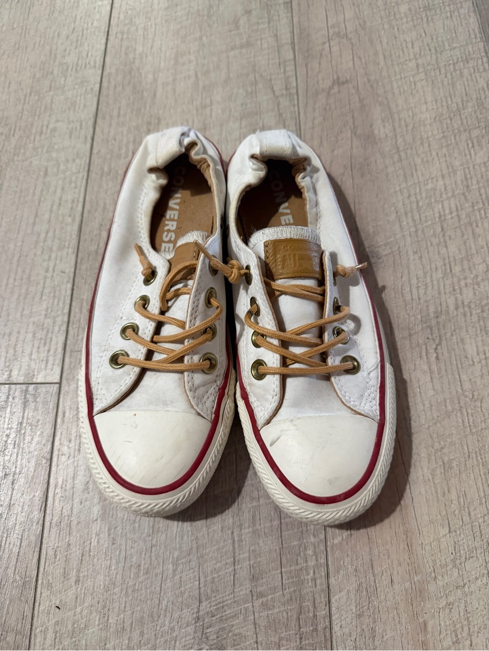Converse Kids White Low-Top Sneakers with Red Stripe and Tan Accents